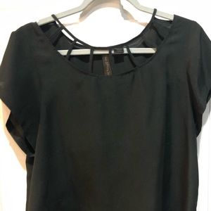 Black short sleeve blouse with cutout neckline